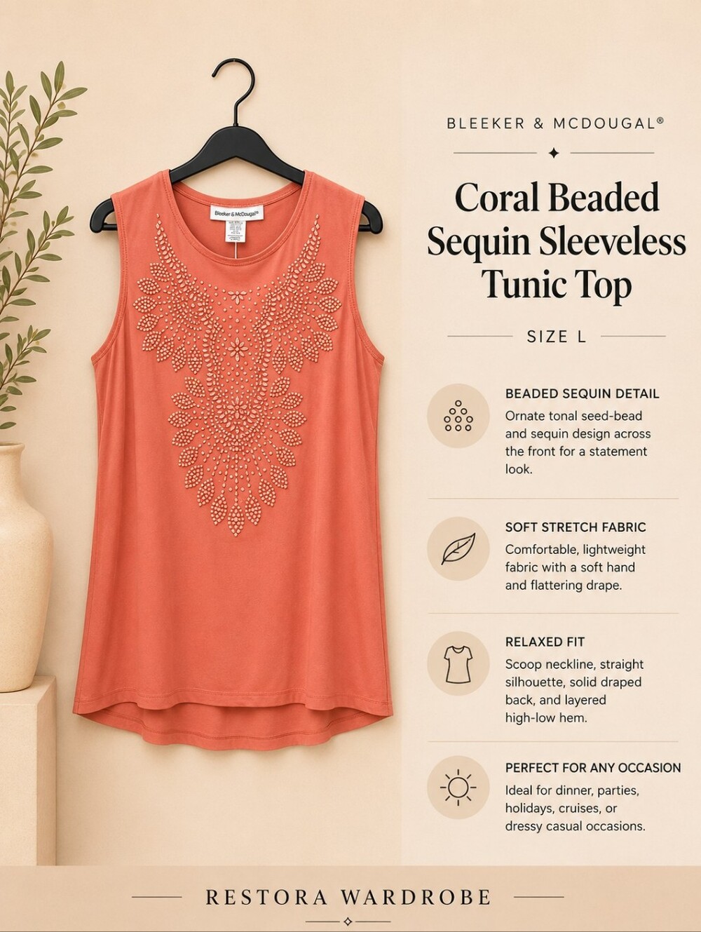 Bleeker & McDougal Coral Beaded Sequin Sleeveless Tunic Top Size L